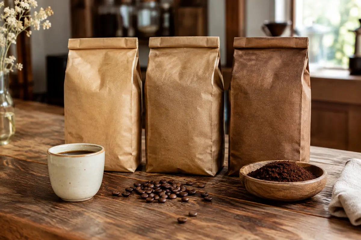 Trois boîtes de café moulu accompagnées d’une tasse en céramique sur un comptoir en bois