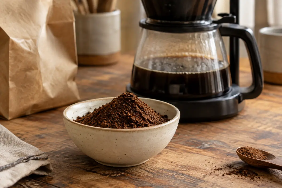Café moulu brun dans une coupelle en céramique, près d’une cafetière filtre sur un comptoir en bois
