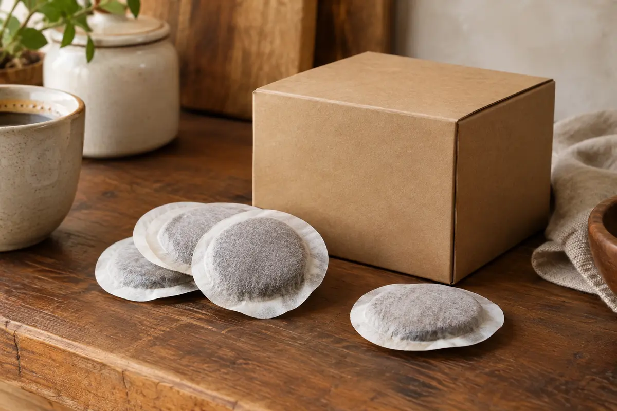 Dosettes de café en filtre papier disposées près d’une boîte en carton sur un comptoir en bois.
