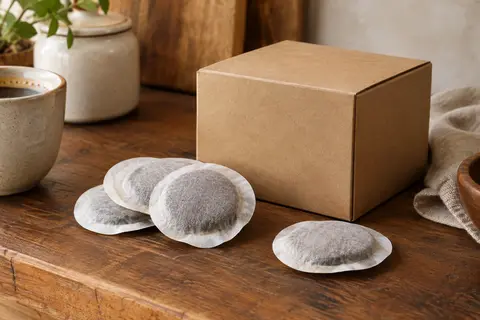 Dosettes de café en filtre papier disposées près d’une boîte en carton sur un comptoir en bois.