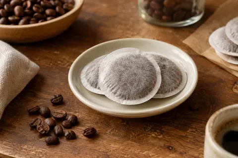 Dosettes souples de café décaféiné présentées sur une soucoupe en céramique crème