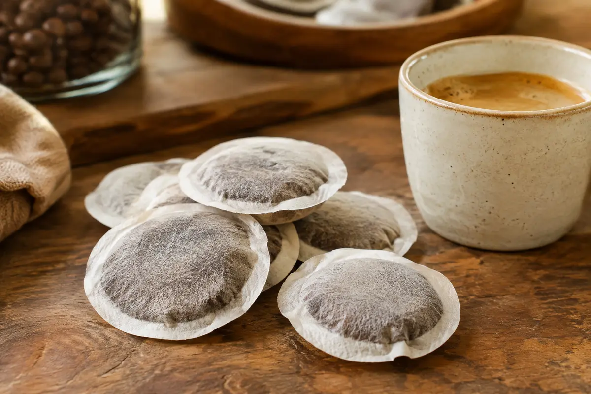 Dosettes souples de café Carte Noire Corsé N°7 disposées sur un comptoir en bois