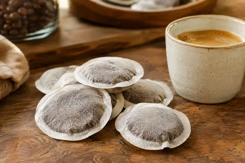 Dosettes souples de café Carte Noire Corsé N°7 disposées sur un comptoir en bois