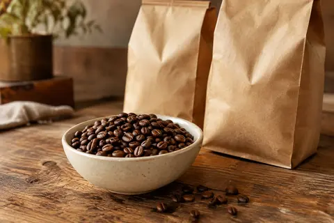 Grains de café torréfiés entiers dans une coupelle en céramique, avec deux sachets sobres en arrière-plan