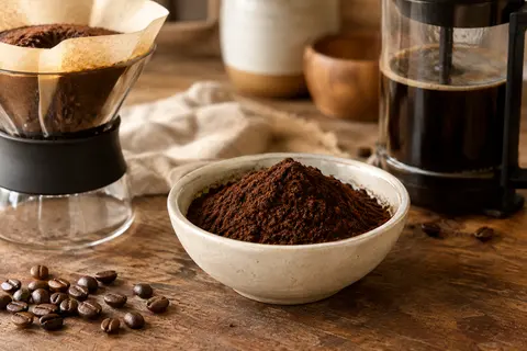 Café moulu Arabica dans une coupelle en céramique, près d’un filtre sur un comptoir en bois.