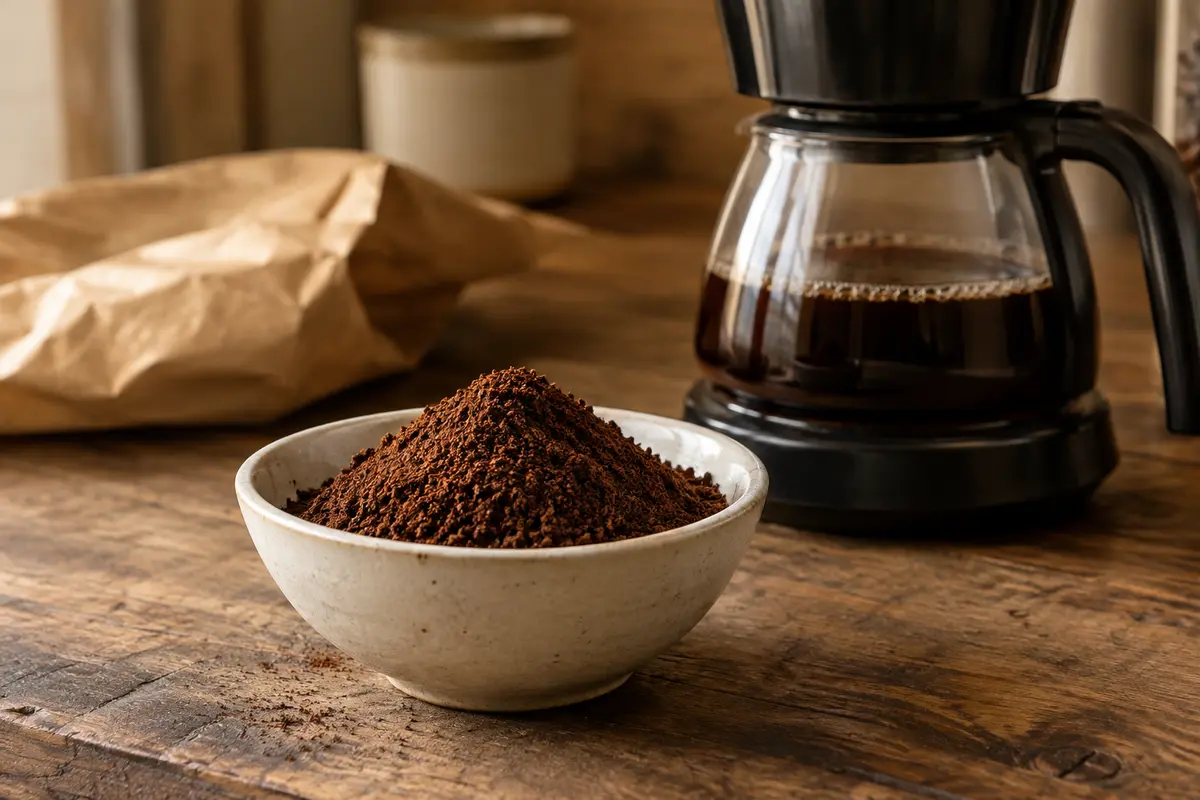 Café moulu brun dans une coupelle en céramique, près d’une cafetière filtre sur un comptoir en bois