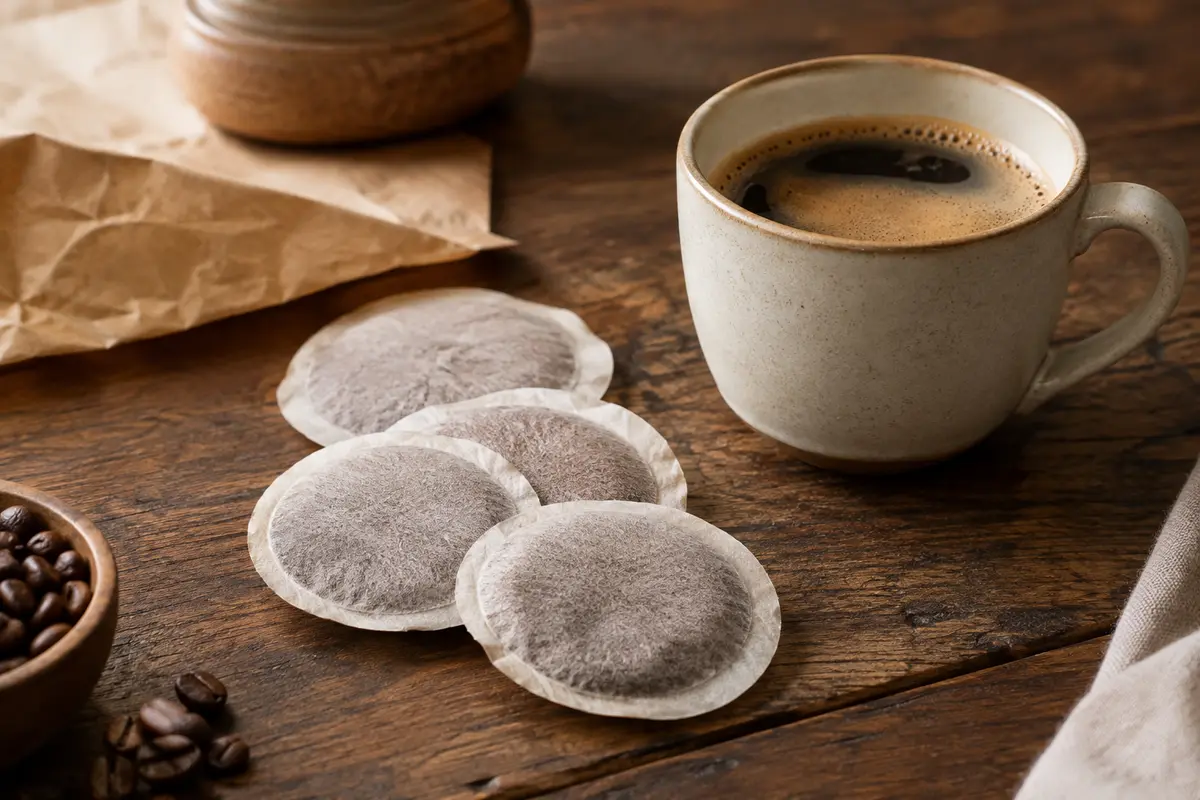 Dosettes souples rondes de café accompagnées d’une tasse en céramique sur un comptoir en bois