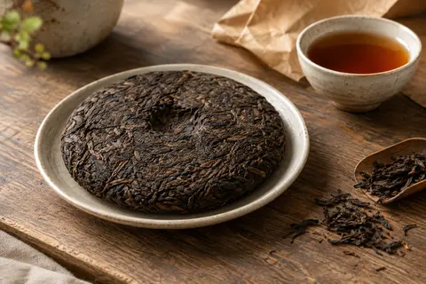 Galette de thé Pu-erh bio du Yunnan avec quelques feuilles détachées et un bol d’infusion ambrée.