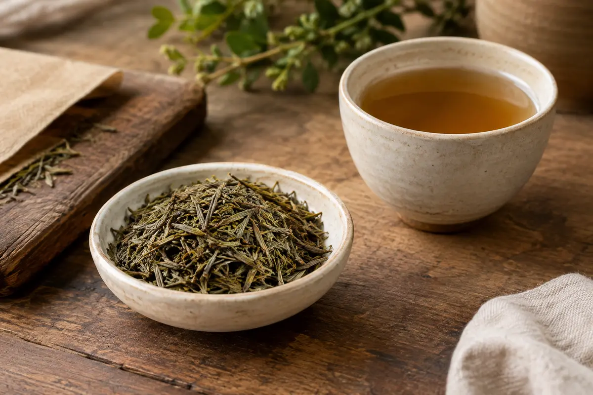 Rooibos vert sec dans une coupelle en céramique, accompagné d’une tasse d’infusion sur un comptoir en bois