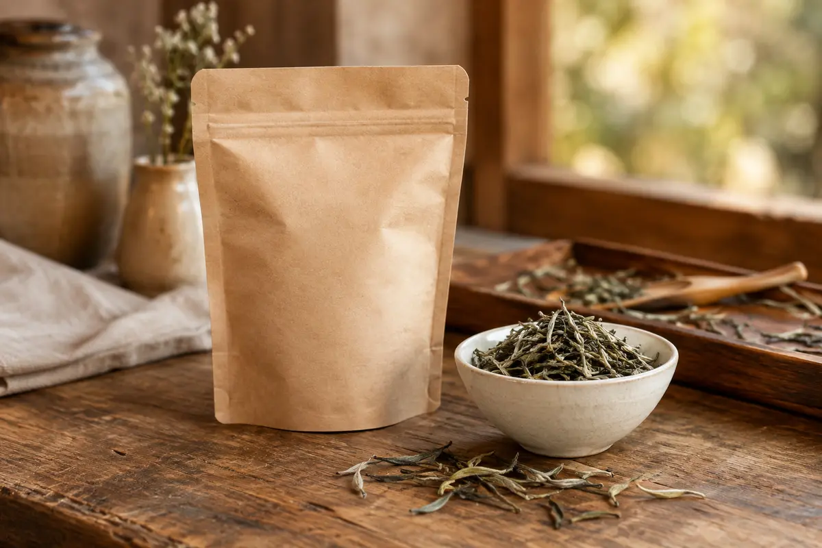 Sachet de thé blanc Mao Feng avec quelques feuilles et bourgeons, posé sur un comptoir en bois