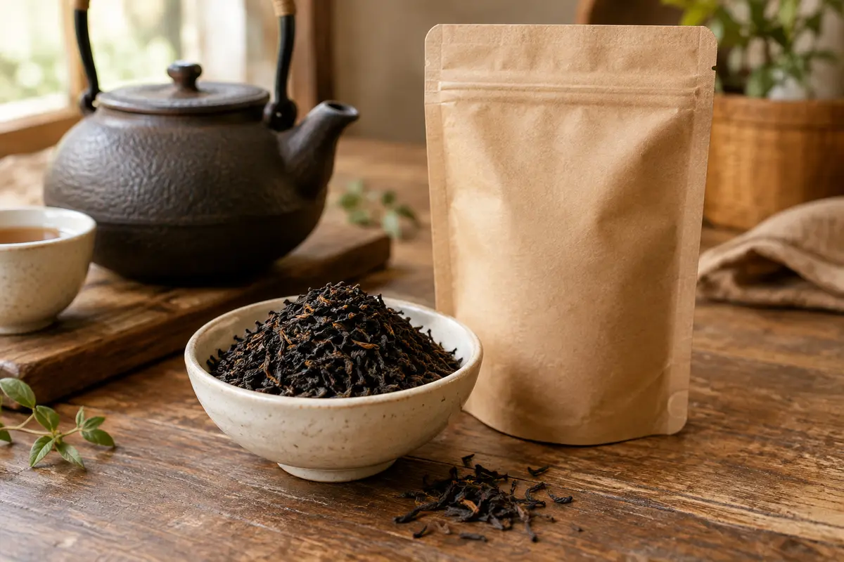 Feuilles de thé noir Assam dans une coupelle en céramique, près d’une théière sur un comptoir en bois.