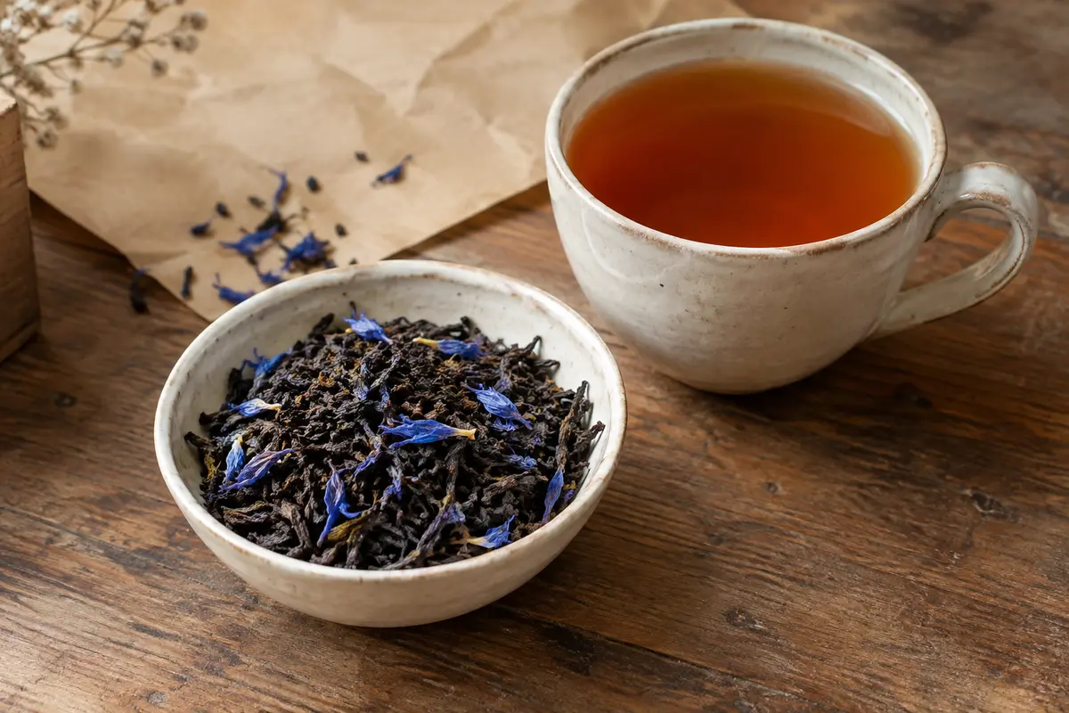 Thé noir Earl Grey en vrac avec fleurs de bleuet, présenté près d’une tasse ambrée sur du bois.