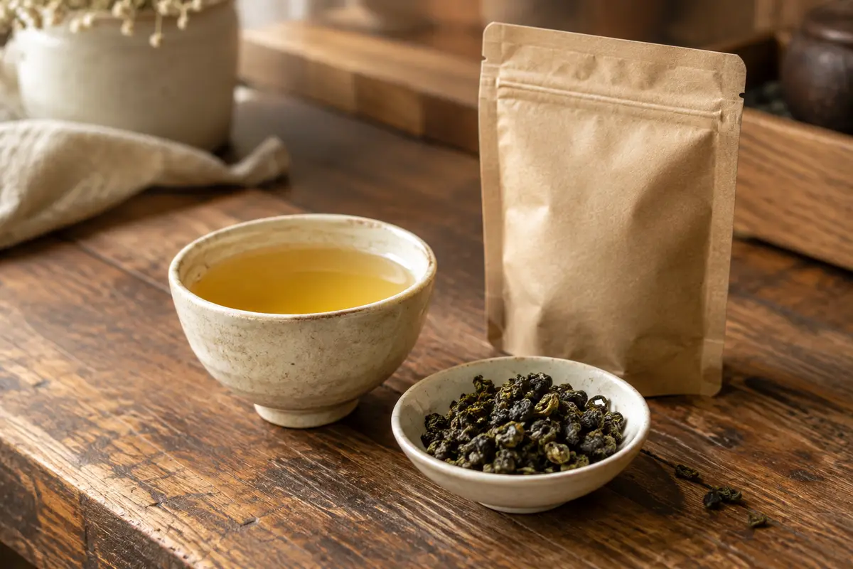 Feuilles roulées de thé oolong près d’une tasse d’infusion jaune sur un comptoir en bois