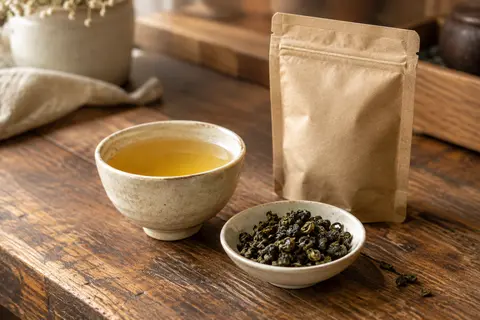 Feuilles roulées de thé oolong près d’une tasse d’infusion jaune sur un comptoir en bois