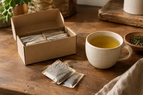 Boîte de thé vert en sachets avec une tasse en céramique sur un comptoir en bois