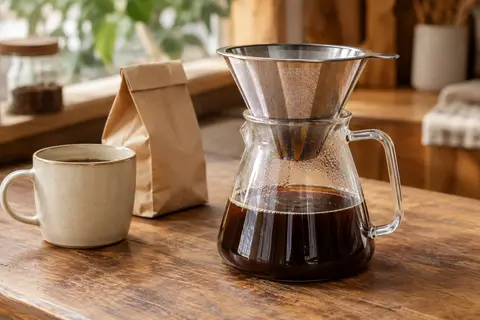 Cafetière manuelle en verre avec filtre inox réutilisable, posée sur un comptoir en bois près d’une tasse