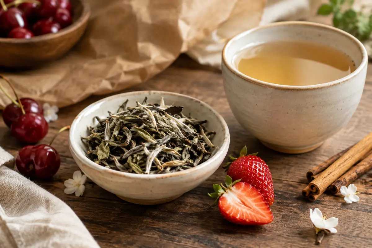 Thé blanc en feuilles en vrac près d’une tasse, avec des accents de cerise, de fraise et de cannelle.