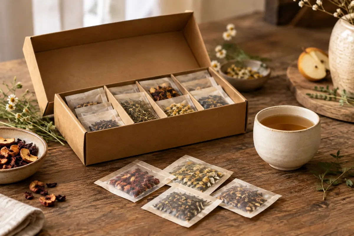 Coffret ouvert de sachets d’infusions aux fruits et aux plantes posé sur un comptoir en bois patiné.