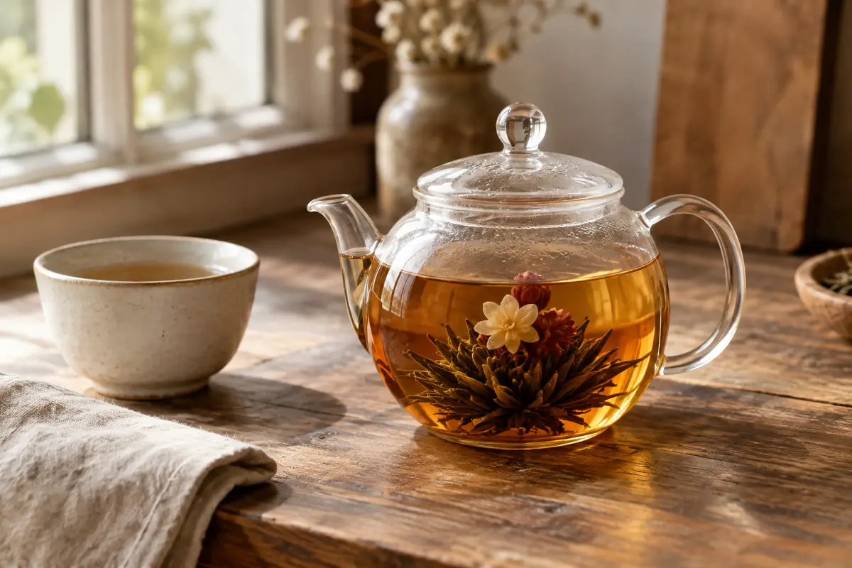 Théière Creano transparente avec couvercle en verre, contenant une infusion ambrée et une fleur de thé.
