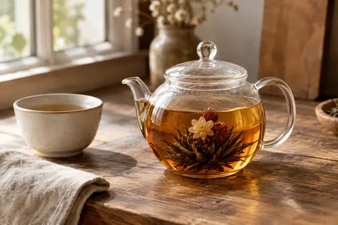 Théière Creano transparente avec couvercle en verre, contenant une infusion ambrée et une fleur de thé.
