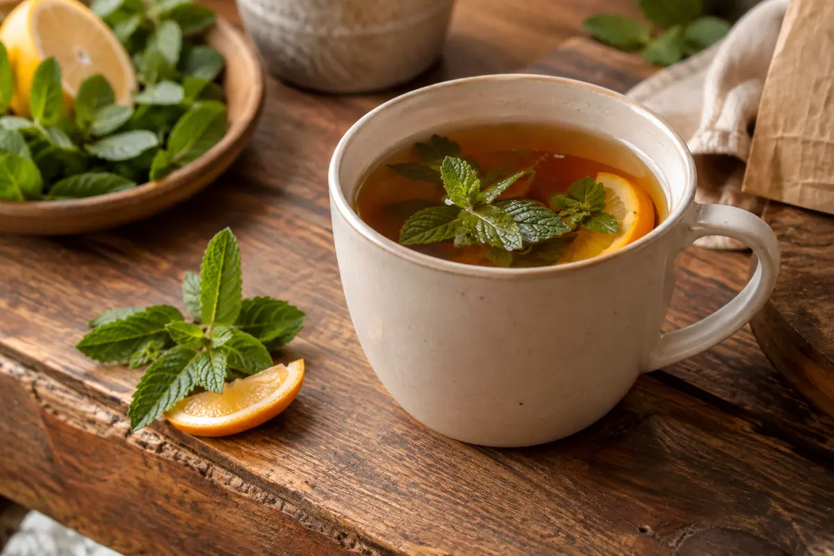 Tasse d’infusion ambrée à la menthe et aux agrumes sur un comptoir en bois patiné