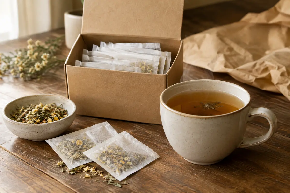 Boîte d’infusion en sachets posée près d’une tasse chaude sur un comptoir en bois