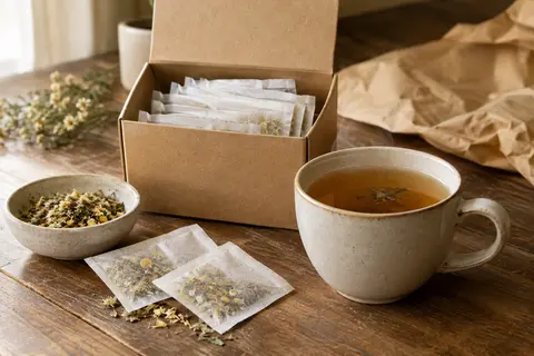 Boîte d’infusion en sachets posée près d’une tasse chaude sur un comptoir en bois