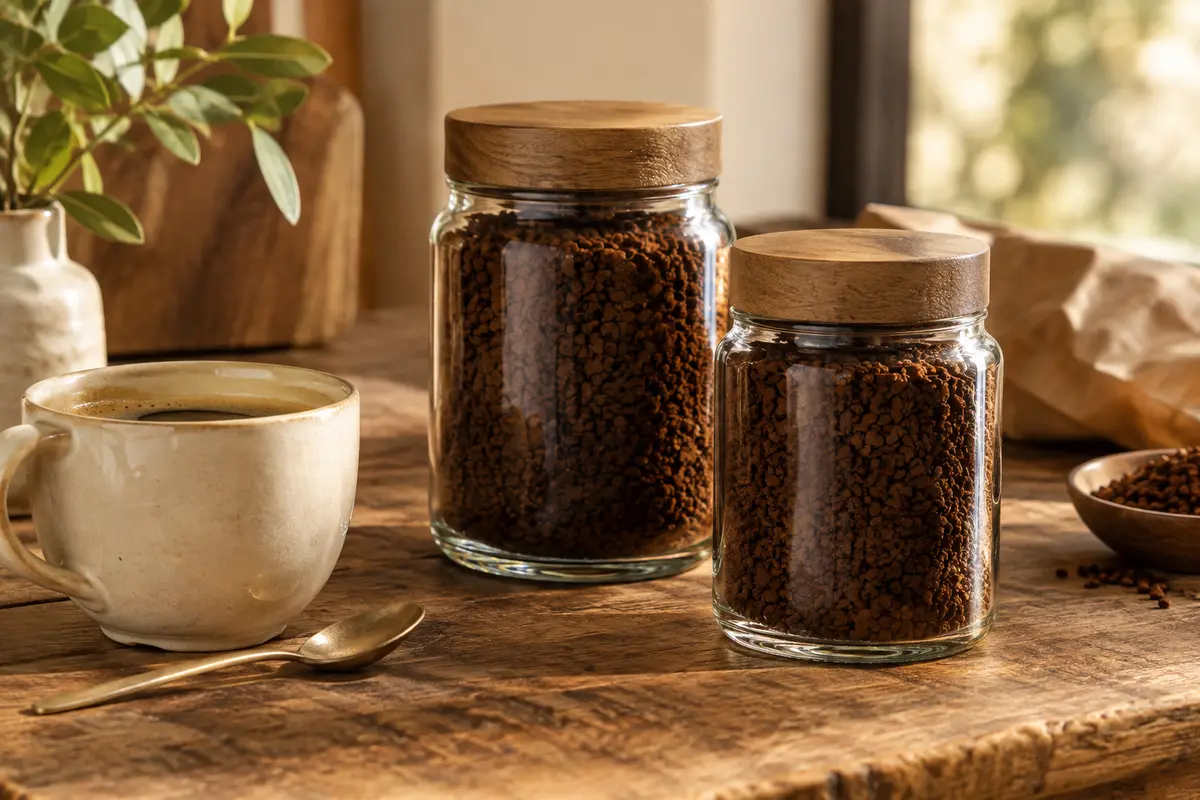 Deux pots en verre de café soluble brun foncé posés sur un comptoir en bois près d’une tasse en céramique