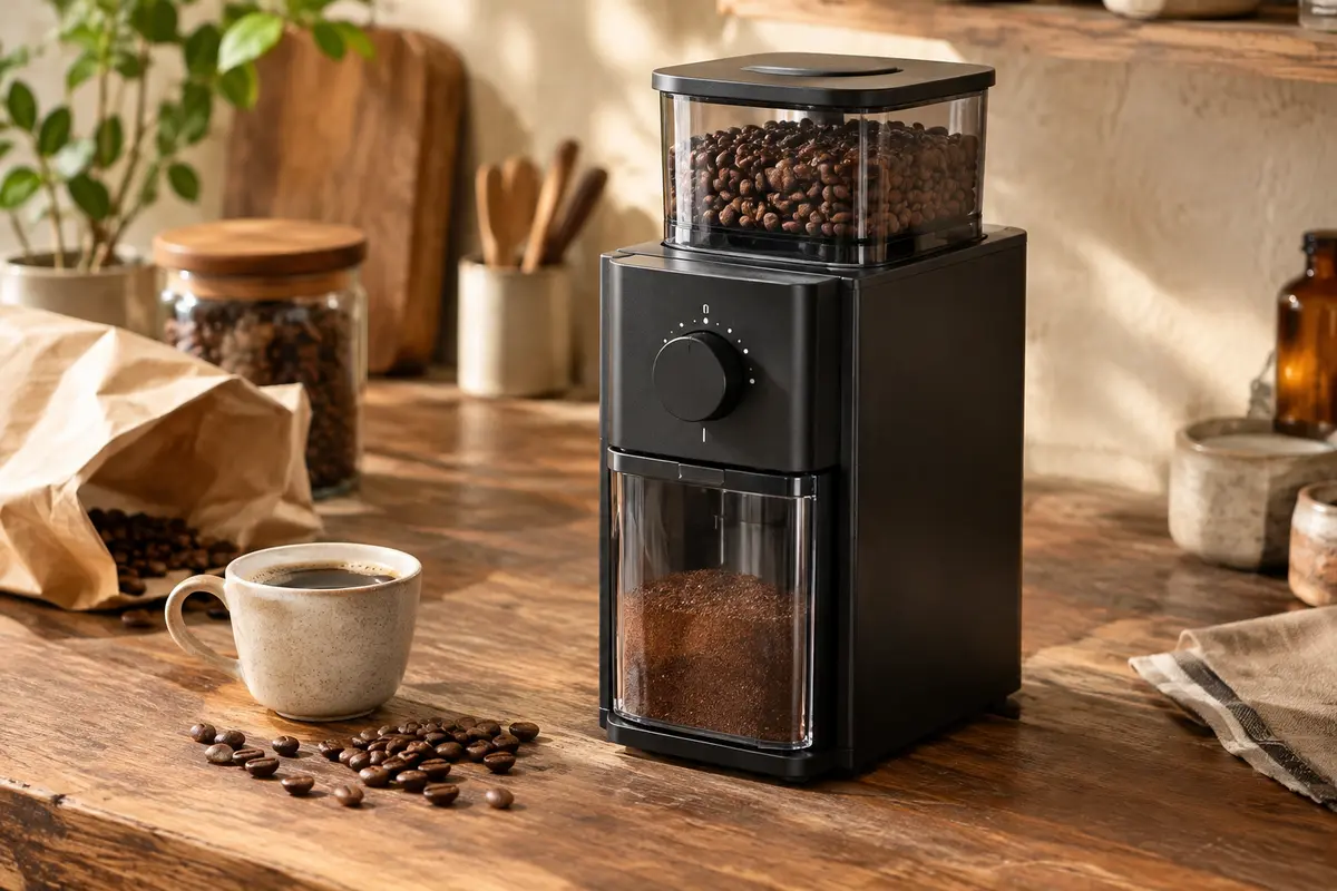 Moulin à café électrique De’Longhi KG79 noir posé sur un comptoir en bois avec des grains de café.