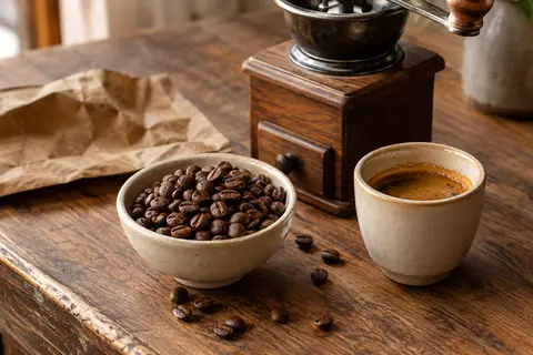 Grains de café Delta Cafés près d’un moulin et d’une tasse d’espresso sur un comptoir en bois