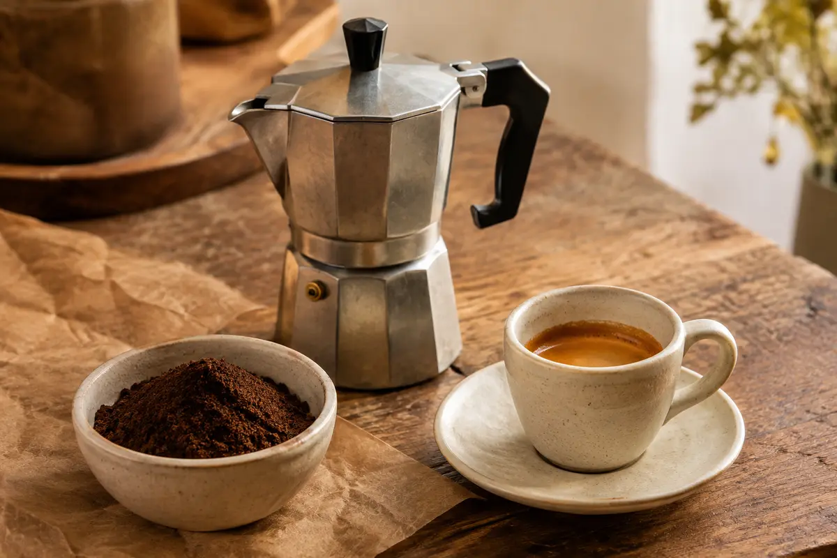 Café moulu brun foncé dans une coupelle en céramique, servi près d’un espresso et d’une cafetière moka