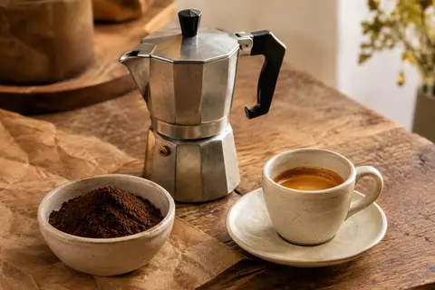 Café moulu brun foncé dans une coupelle en céramique, servi près d’un espresso et d’une cafetière moka