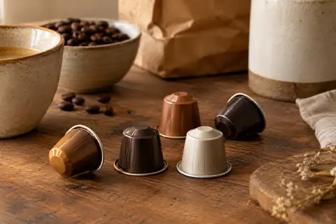 Capsules de café Delta Q Qalidus présentées sur un comptoir en bois patiné à la lumière naturelle