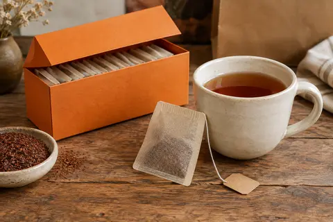 Boîte orange de rooibos en sachets près d’une tasse en céramique contenant une infusion ambrée