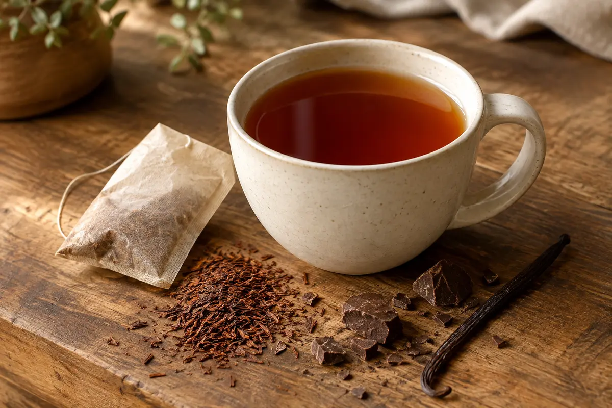 Tasse de rooibos cuivré avec un sachet en papier, des éclats de cacao et une gousse de vanille
