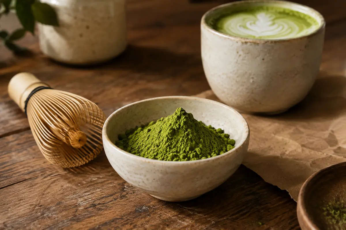 Poudre de matcha vert dans un bol en céramique, accompagnée d’un fouet et d’une tasse préparée