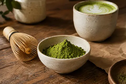 Poudre de matcha vert dans un bol en céramique, accompagnée d’un fouet et d’une tasse préparée