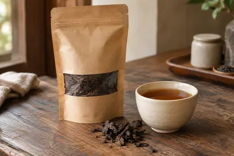 Sachet kraft refermable de thé pu-erh bio du Yunnan posé près d’une tasse en céramique.