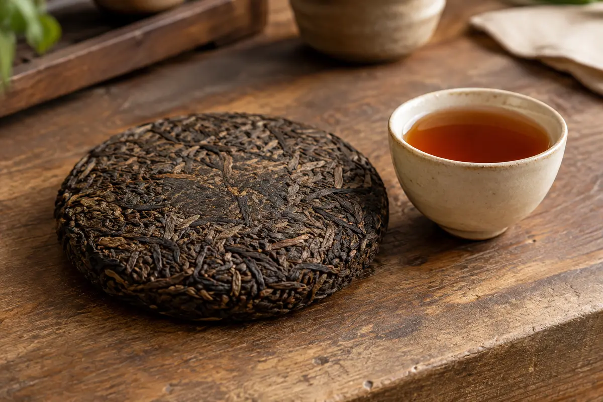 Galette compressée de thé pu-erh posée sur un comptoir en bois, avec une tasse en céramique