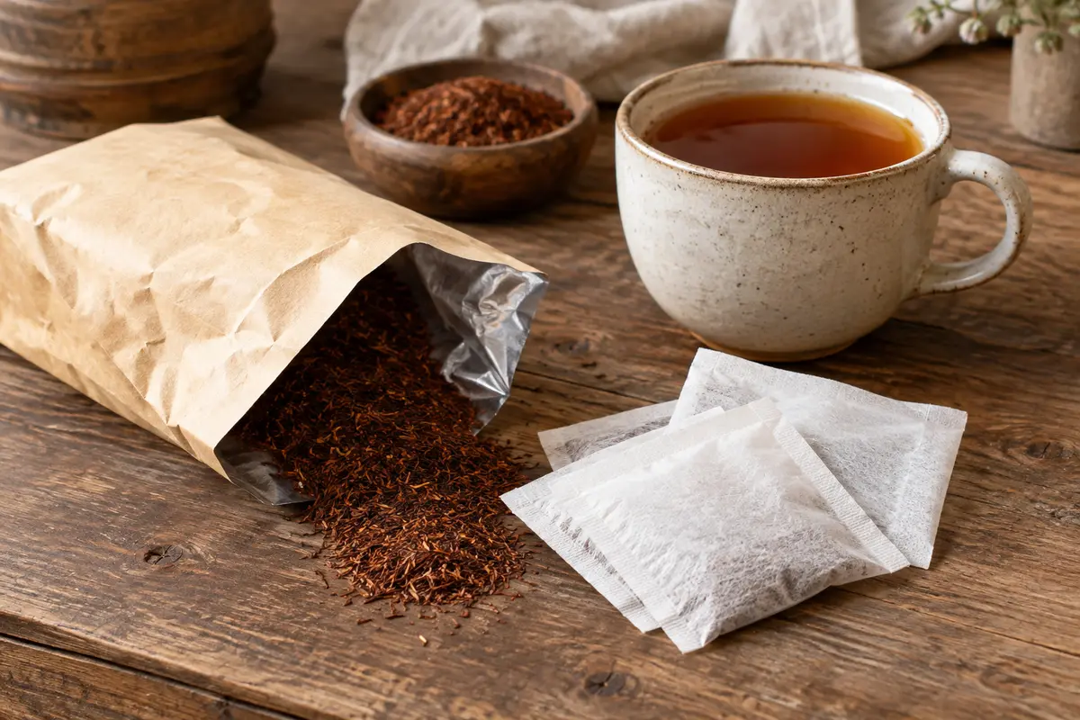 Sachets de rooibos en papier près d’une tasse d’infusion ambrée sur un comptoir en bois