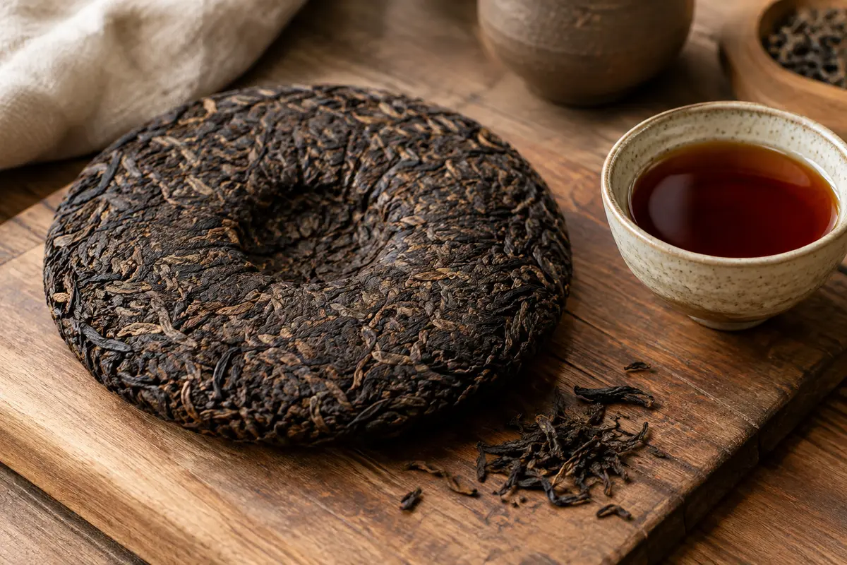 Galette de thé pu-erh mûr près d’une tasse d’infusion rouge profonde, sur du bois patiné.