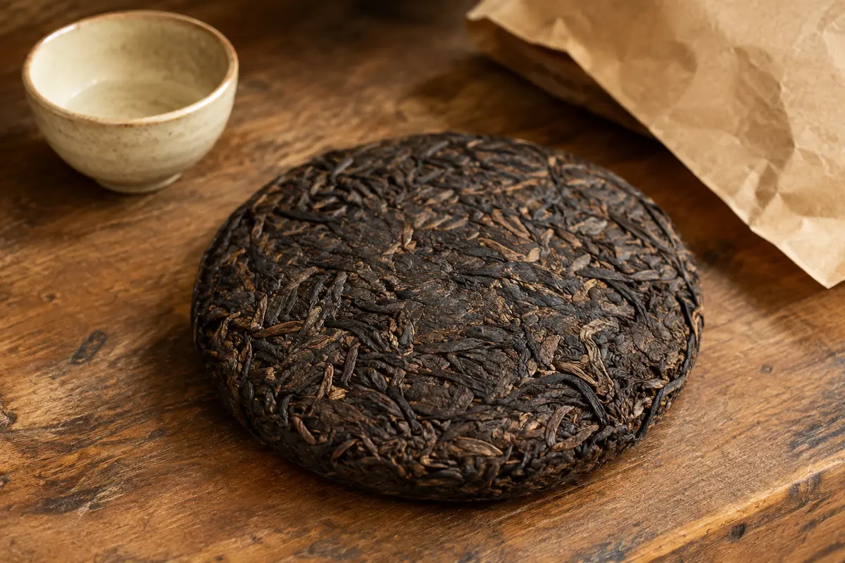 Galette de thé pu-erh mûr aux feuilles sombres, présentée sur un comptoir en bois près d’une coupelle en céramique.