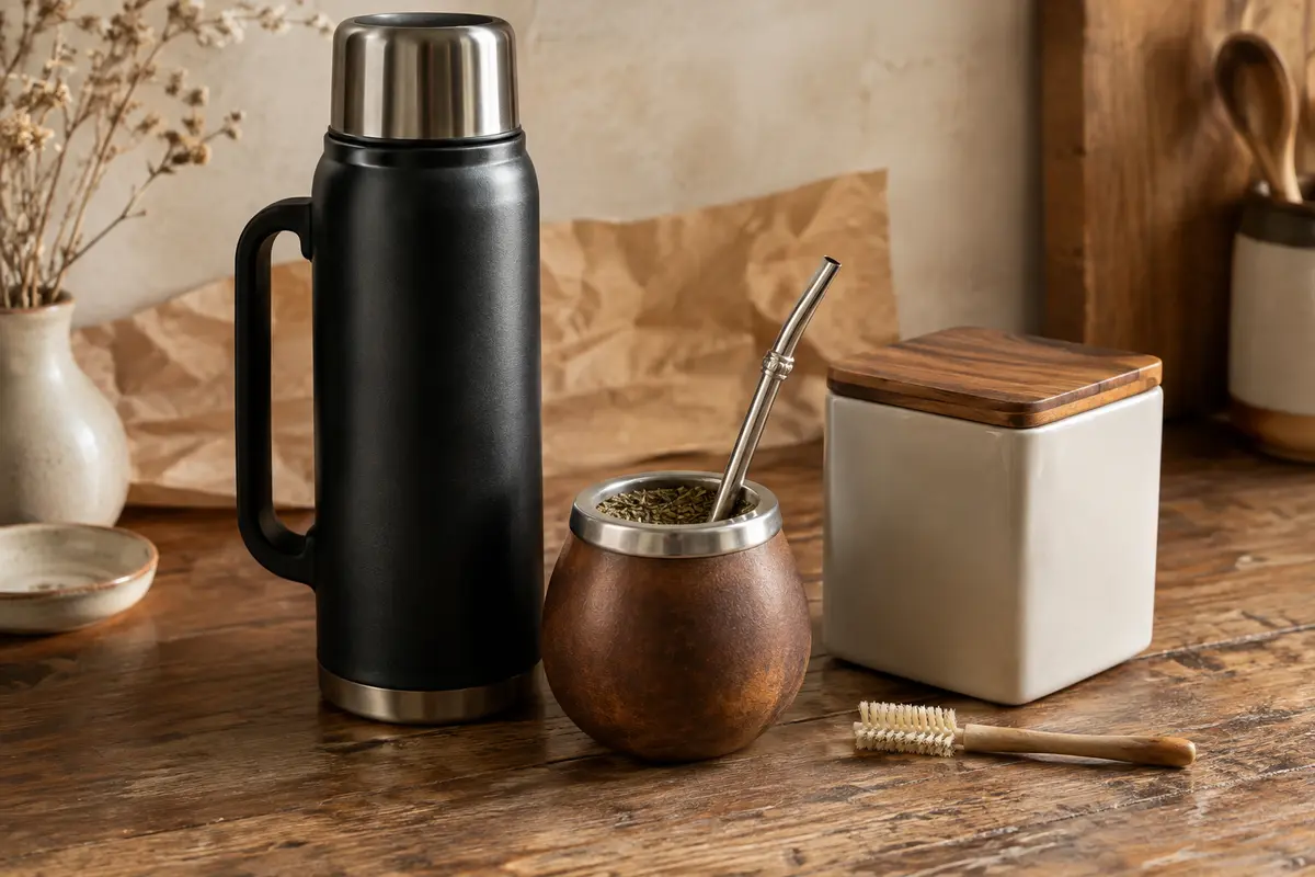 Kit maté noir avec thermos, calebasse, bombilla, boîte à yerba et brosse sur un comptoir en bois