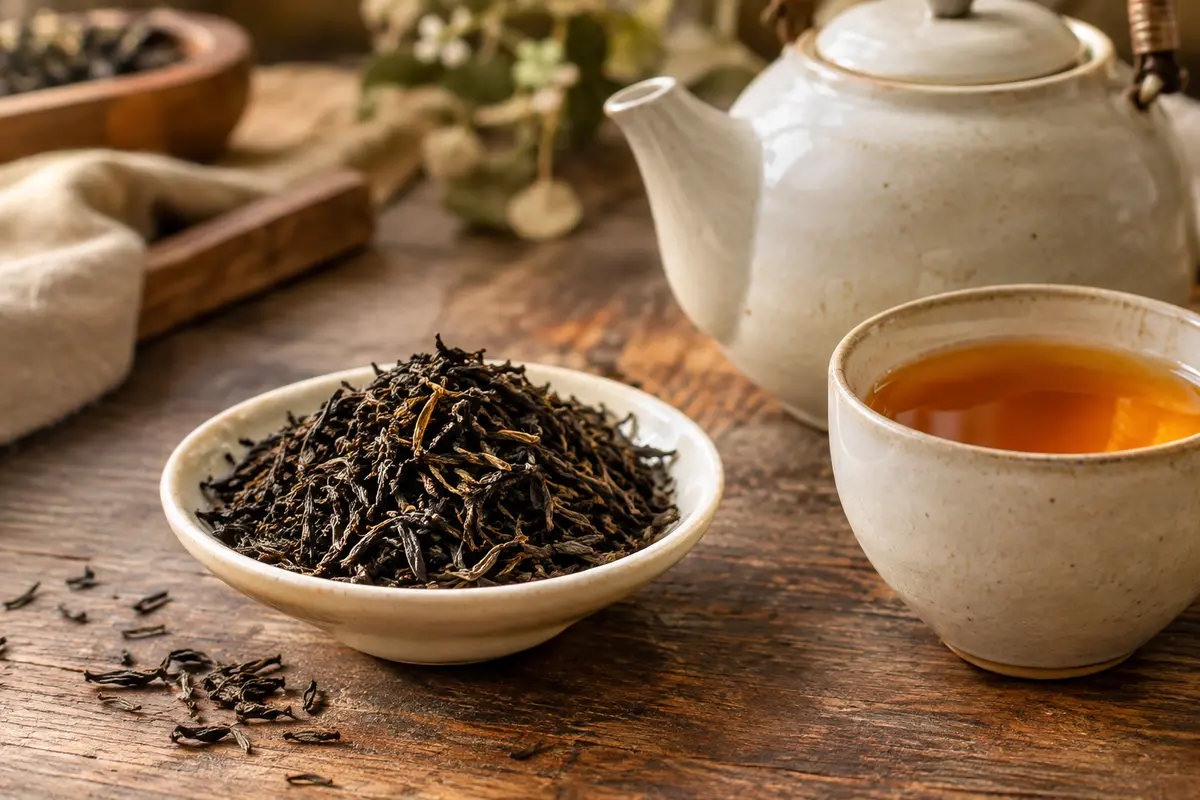 Feuilles entières de thé noir Darjeeling près d’une tasse à la liqueur dorée