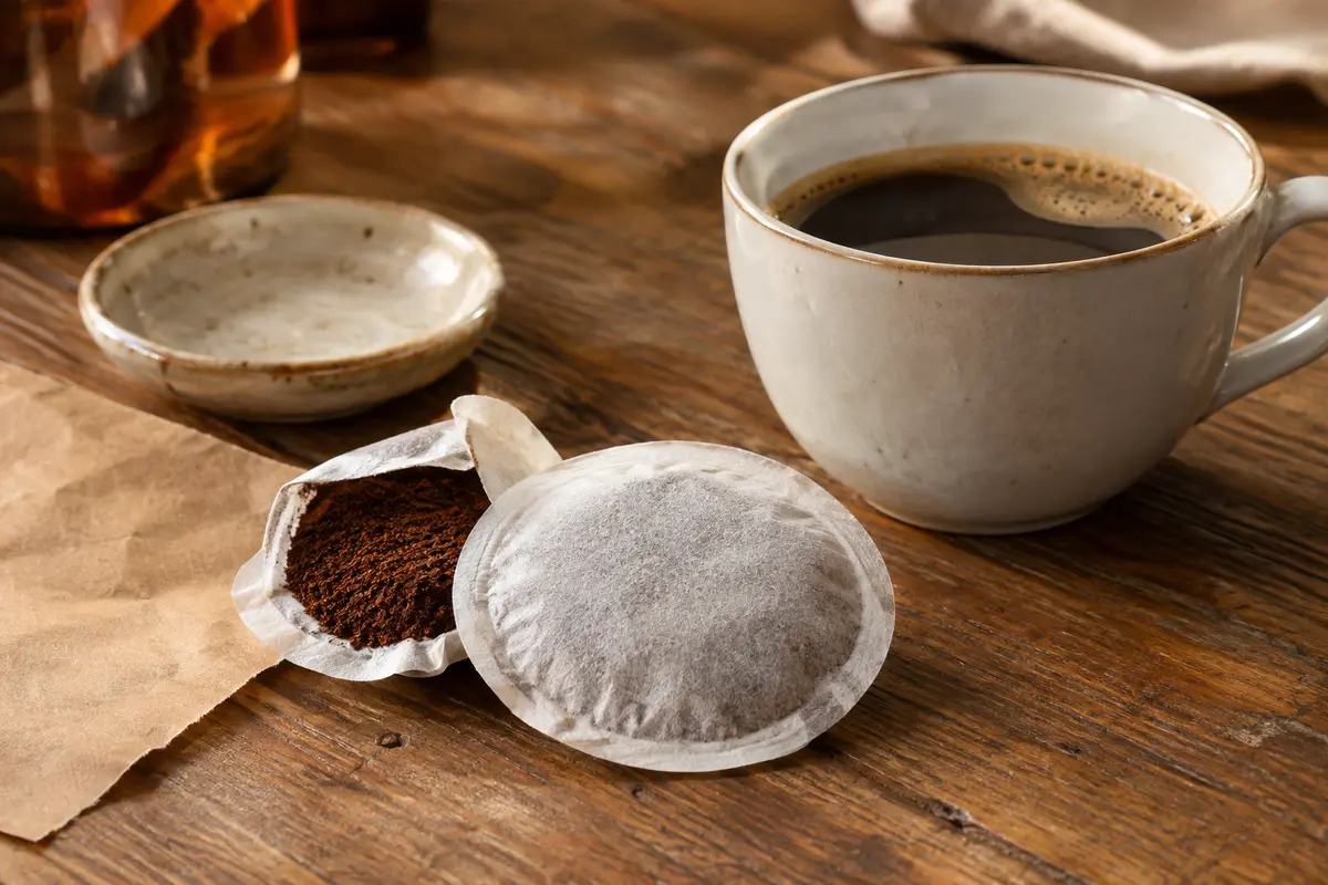Dosette souple de café près d’une tasse préparée, sur un comptoir en bois patiné