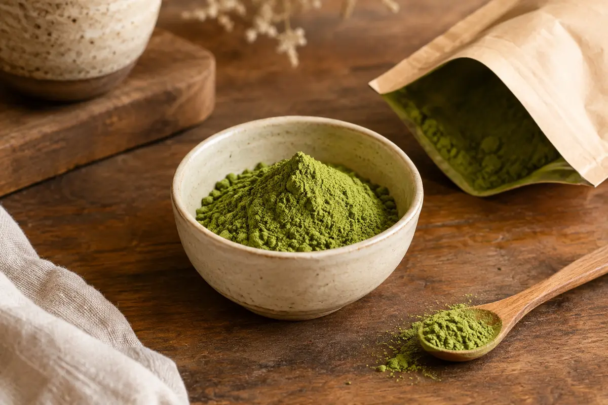 Poudre de matcha vert dans un bol en céramique posé sur un comptoir en bois.