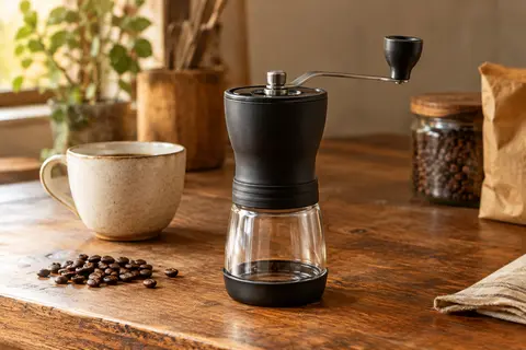 Moulin à café manuel Hario Mini Mill Plus noir, avec manivelle amovible et récipient en verre.
