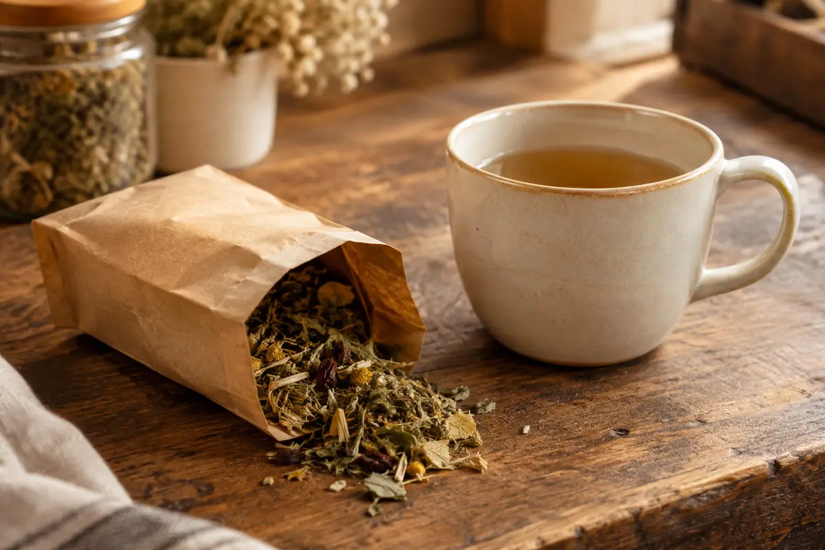Sachet neutre de tisane de plantes près d’une tasse en céramique sur un comptoir en bois.