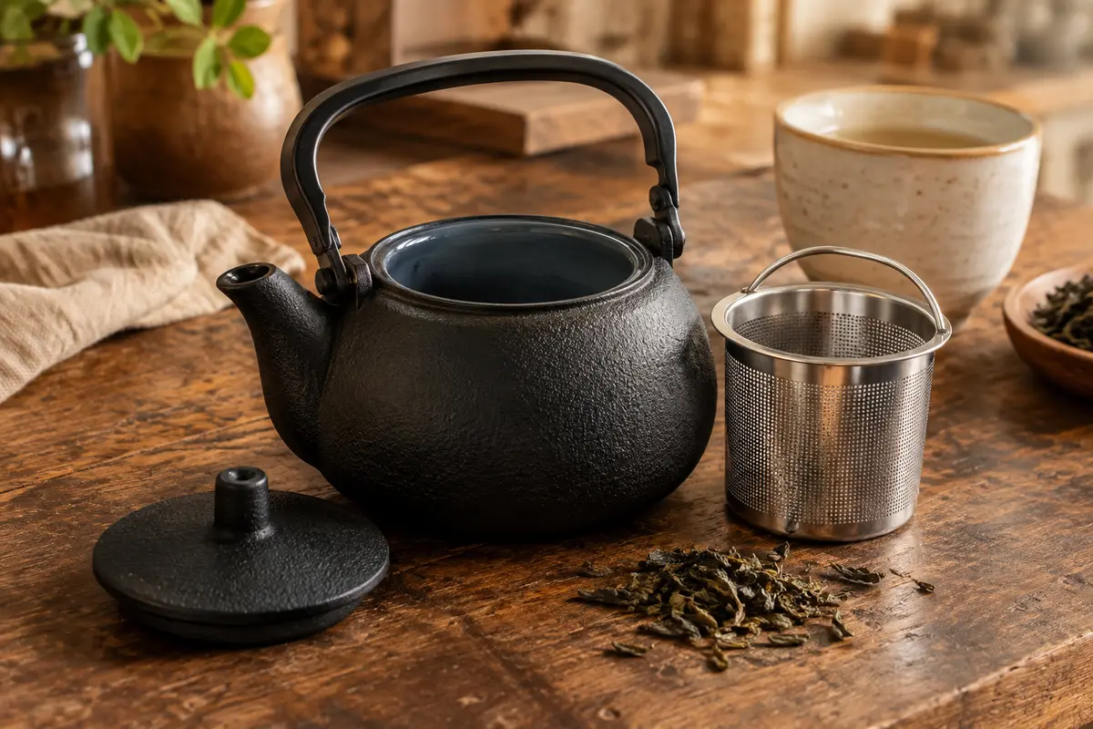 Théière en fonte noire avec poignée pliante et filtre inox, posée sur une table en bois.