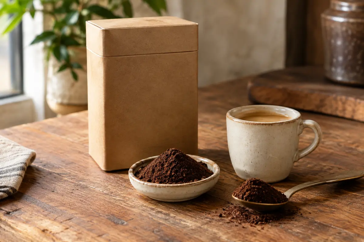 Boîte de café moulu espresso près d’une tasse en céramique sur un comptoir en bois patiné.